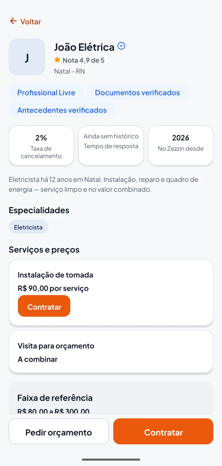 Perfil de um profissional no app Zezzin com nota, especialidades e serviços com preço