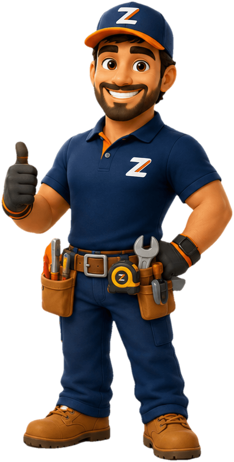 Zé, o profissional do Zezzin, de uniforme navy e cinto de ferramentas, fazendo sinal de positivo